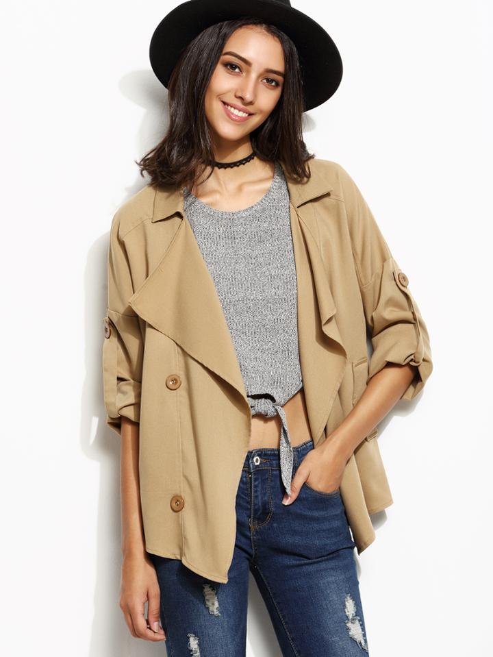 Shein Khaki Drape Collar Roll Tab Sleeve Short Trench Coat