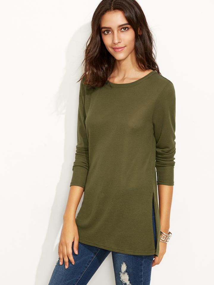 Shein Army Green Slit Side T-shirt