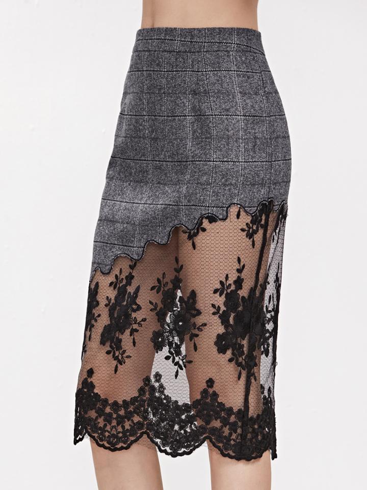 Shein Grey Plaid Embroidered Mesh Trim Slit Back Skirt