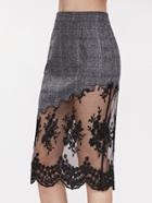 Shein Grey Plaid Embroidered Mesh Trim Slit Back Skirt