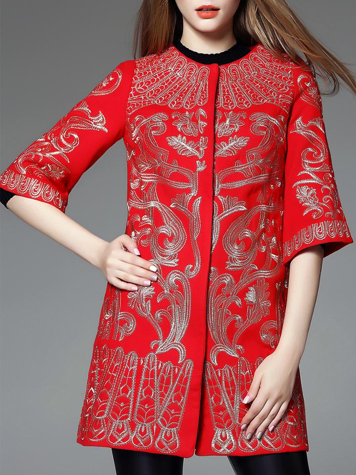 Shein Red Round Neck Half Sleeve Embroidered Pockets Coat
