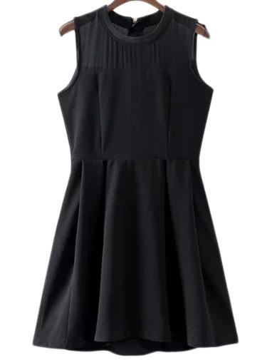 Shein Black High Waist Zipper Back See-through Splicing Pleated Dress
