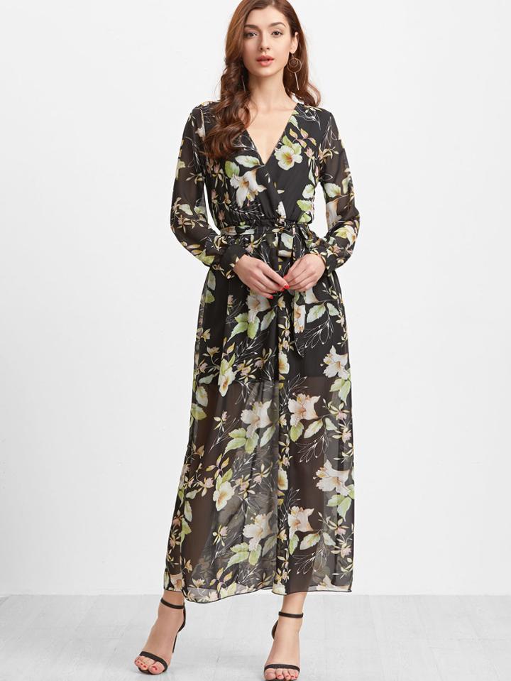 Shein Black Florals V Neck Chiffon Dress With Belt