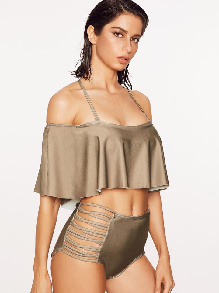 Shein Coffee Criss Cross Detail Ruffle High Waist Bikini Set