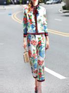 Shein White Tie Neck Floral Top With Pants