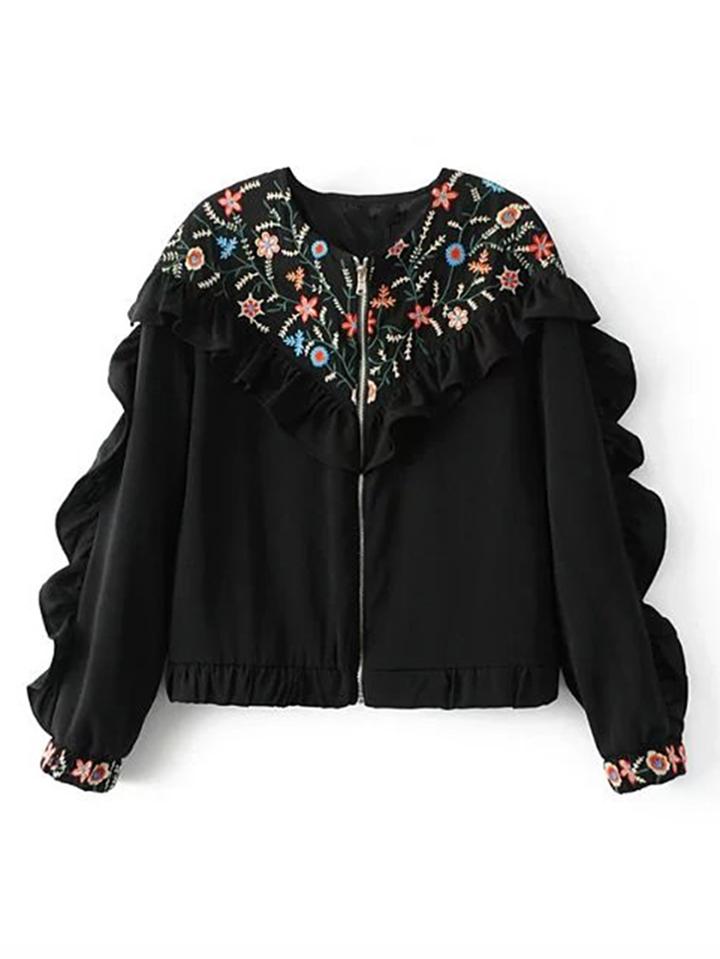 Shein Embroidery Layered Ruffle Trim Jacket