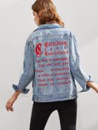 Shein Embroidered Back Bleach Wash Jacket With Chain Detail