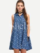 Shein Navy Blue Sleeveless Stars Print Shirt Dress