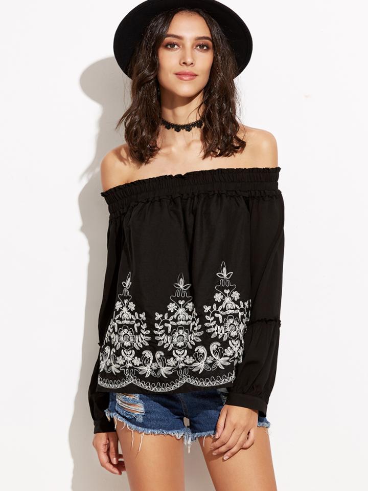 Shein Black Smocked Off The Shoulder Embroidered Top