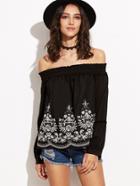 Shein Black Smocked Off The Shoulder Embroidered Top