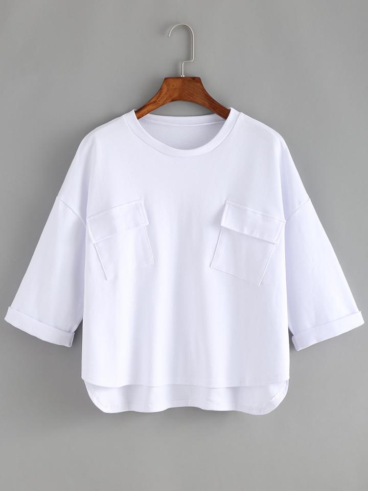 Shein White Crew Neck Pockets Dip Hem T-shirt