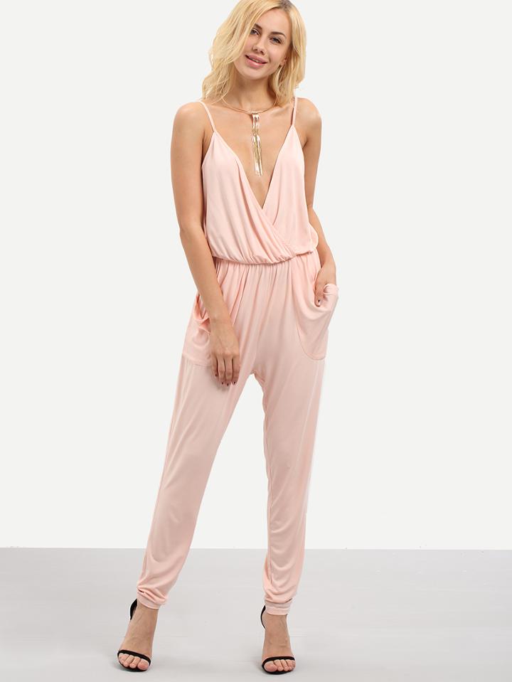 Shein Pink Spaghetti Strap V Neck Backless Pocket Jumpsuit