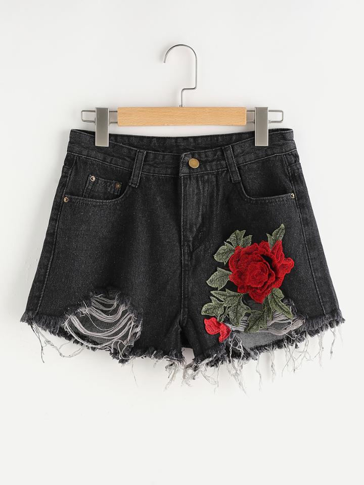 Shein Flower Applique Distressed Denim Shorts
