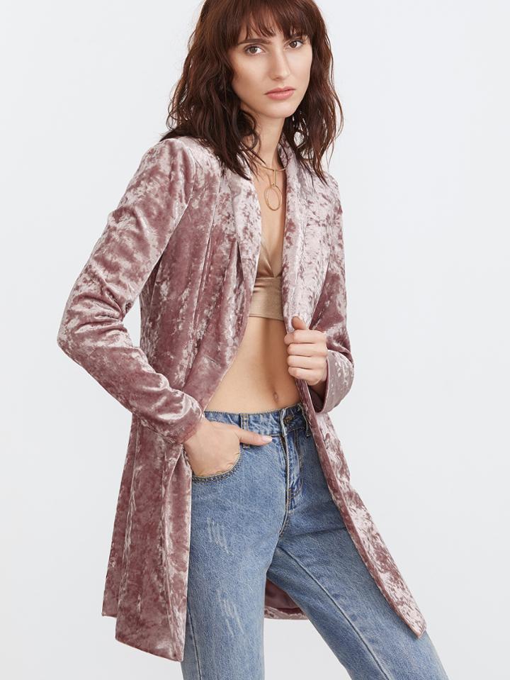 Shein Shawl Collar Double Breasted Longline Crushed Velvet Blazer