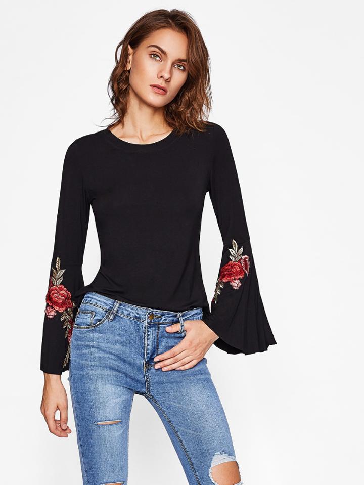 Shein Flower Patch Split Bell Sleeve Tee