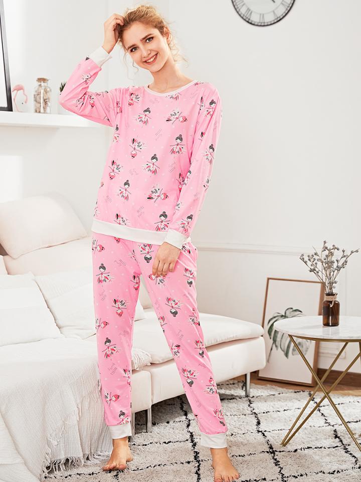 Shein Cartoon Girl Print Pullover & Pants Pj Set