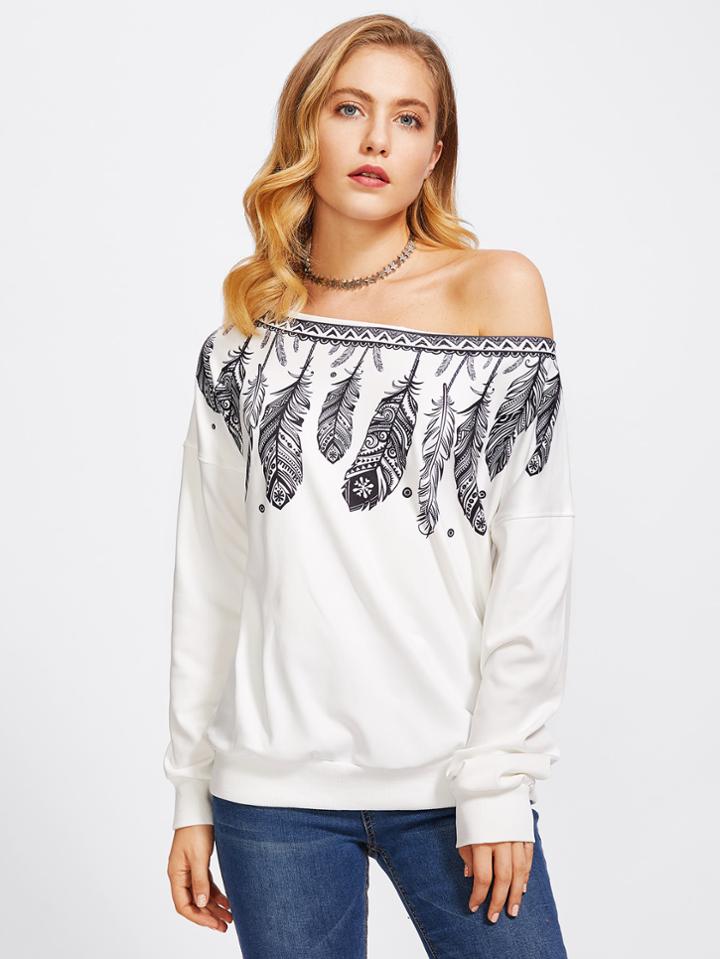 Shein Off Shoulder Feather Print Sweatshirt