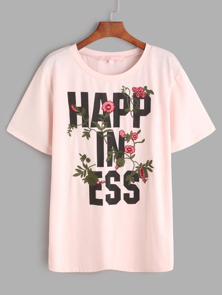 Shein Pink Letter Print Flower Embroidered T-shirt