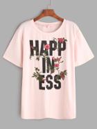 Shein Pink Letter Print Flower Embroidered T-shirt