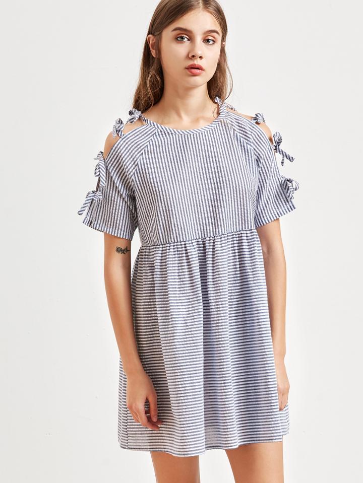 Shein Blue Striped Tied Split Sleeve Babydoll Dress