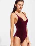 Shein Burgundy V Neck Cross Back Velvet One-piece Swimwear
