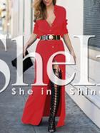 Shein Red Long Sleeve Split Maxi Dress