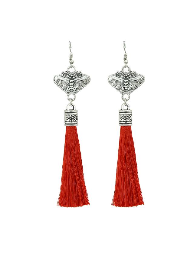 Shein Red Boho Style Butterfly With Long Tassel Drop Earrings