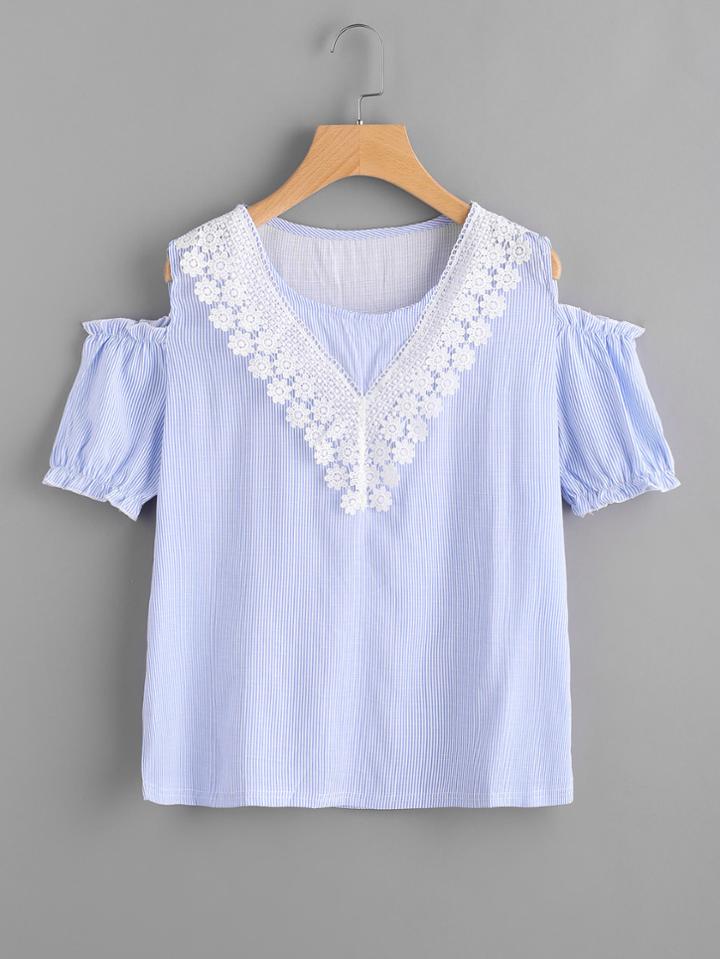 Shein Contrast Lace Trim Open Shoulder Vertical Striped Blouse