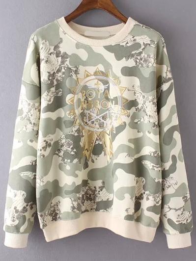 Shein Yellow Round Neck Camouflage Loose Sweatshirt