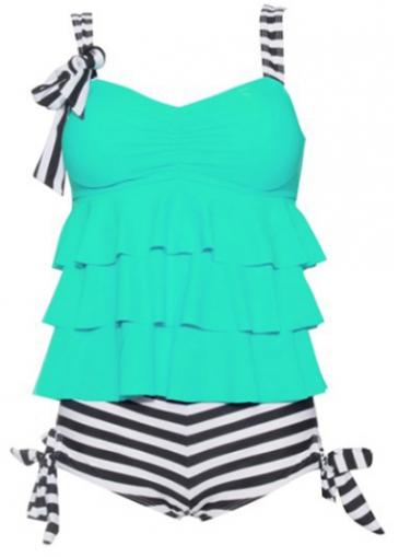 Rosewe Bowknot Embellished Stripe Print Green Tankini