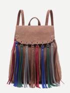 Shein Brown Faux Leather Multicolor Fringe Flap Backpack