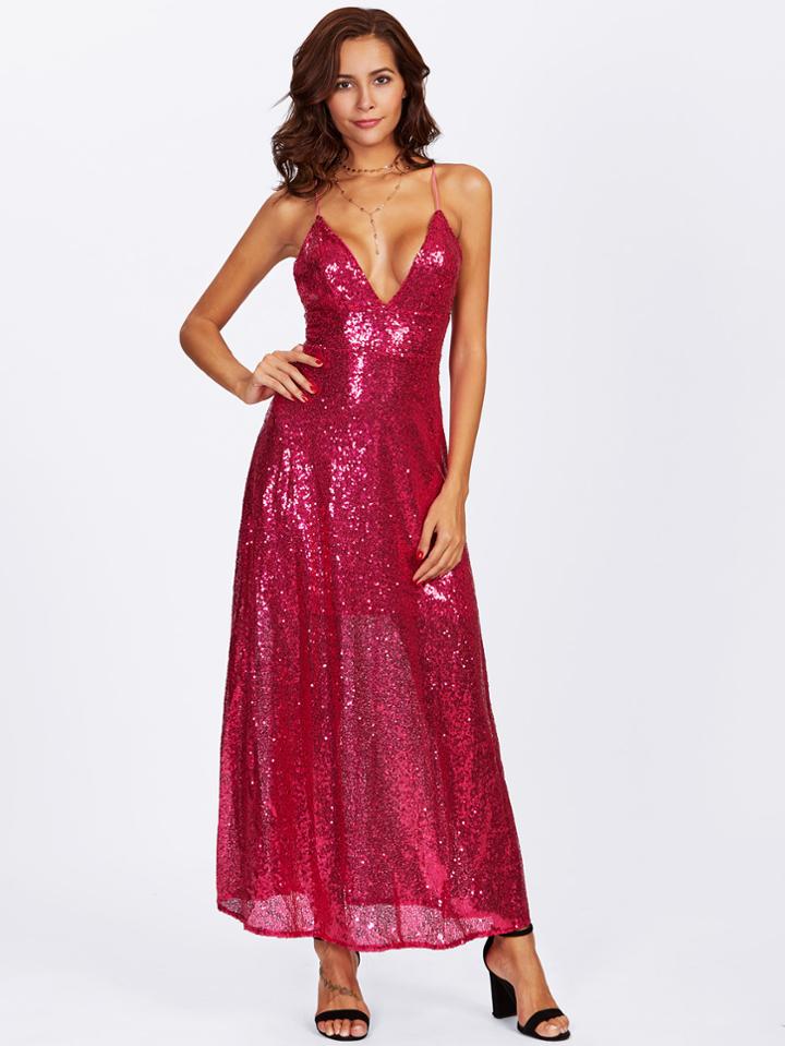 Shein Crisscross Back Plunging Sequin Cami Dress
