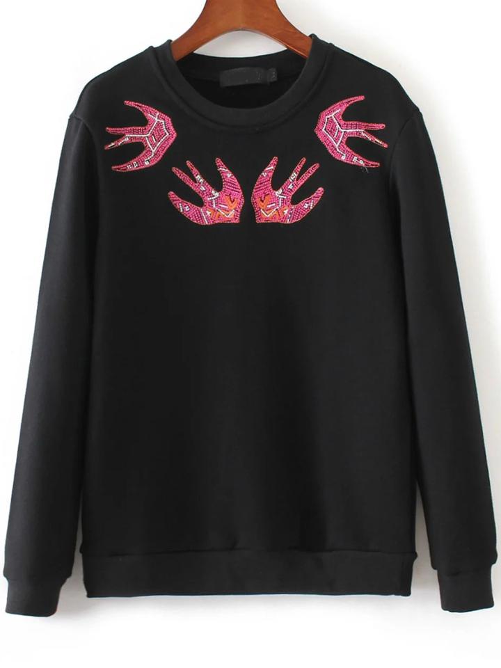 Shein Black Swallow Embroidery Casual Sweatshirt