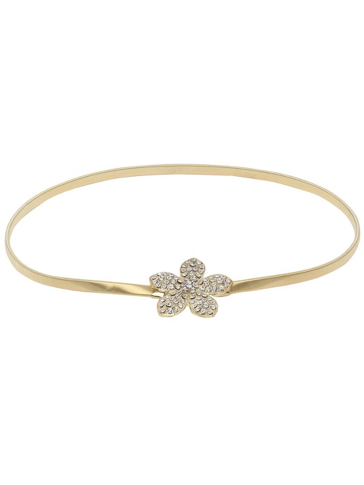 Shein Rhinestone Encrusted Petal Buckle Golden Metal Elastic Belt