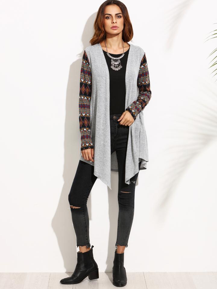 Shein Grey Marled Knit Tribal Sleeve Waterfall Cardigan