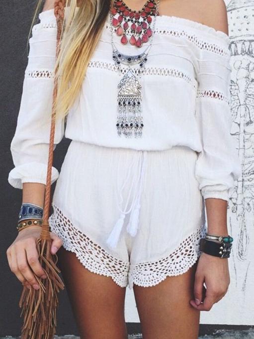 Shein Off The Shoulder Lace Insert Romper With Drawstring