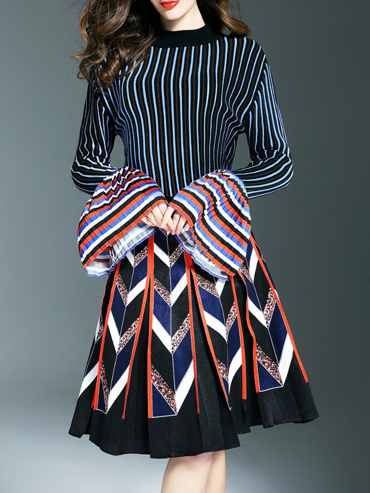 Shein Navy Bell Sleeve Striped Top With Print Skirt