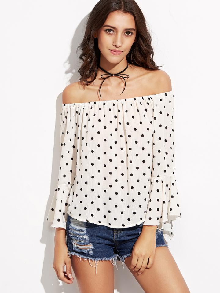Shein White Polka Dot Off The Shoulder Bell Sleeve Top