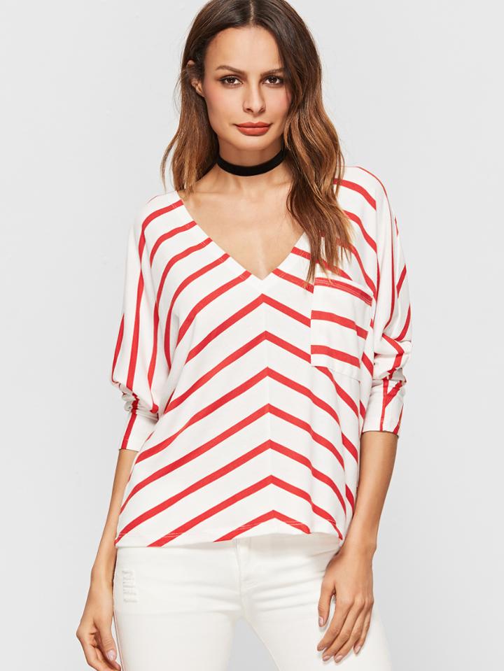 Shein White Contrast Striped V Neck T-shirt With Pocket