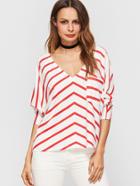 Shein White Contrast Striped V Neck T-shirt With Pocket