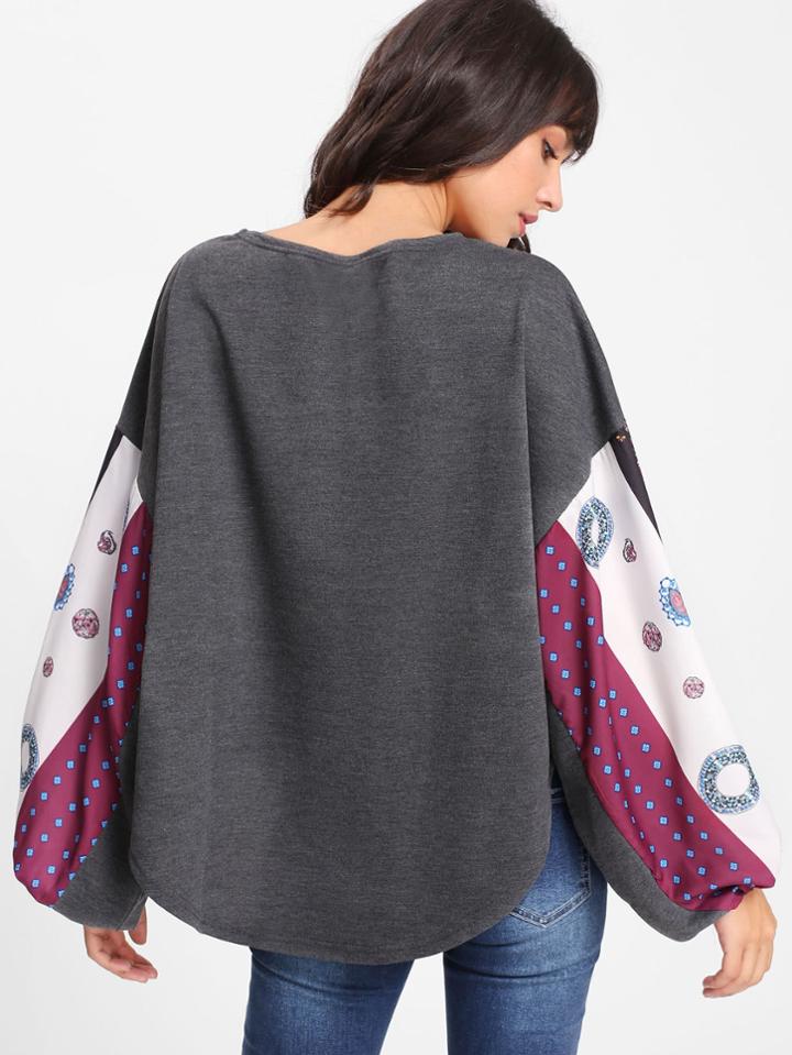 Shein Contrast Printed Sleeve Dip Hem Sweatshirt