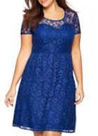 Rosewe Plus Size Short Sleeve Blue Lace A Line Dress