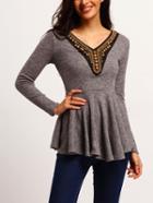 Shein Grey V Neck Studded Ruffle Knitwear