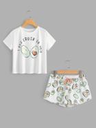 Shein Avocado Print Top And Bow Front Shorts Pajama Set