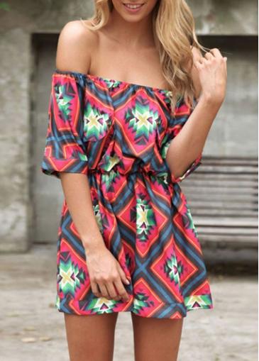 Rosewe Red Boat Neck Half Sleeve Printed Chiffon Romper