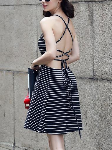 Shein Black Striped Lace-up Cami Dress