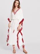 Shein Tassel Trim Embroidered V Neck Dolman Sleeve Dress