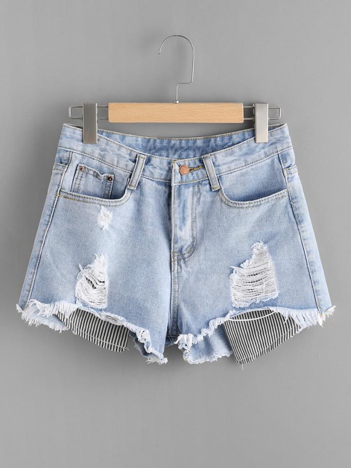 Shein Destroyed Contrast Stripe Patch Fray Hem Denim Shorts