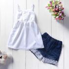 Shein Girls Button Decoration Cami Top With Contrast Lace Denim Shorts