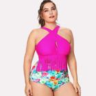 Shein Plus Fringe Hem Flower Print Tankini Set